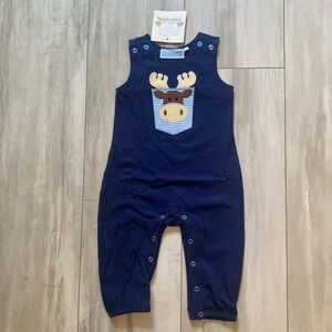 NWT Trotter Street Kids Navy Blue Moose Pocket Woodland Appliqué Jon Jon Romper